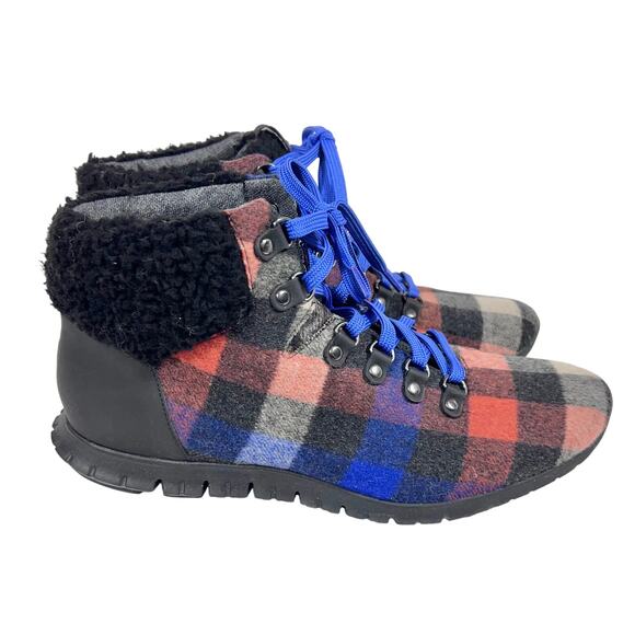 Cole Haan Zero Grand Insulated Wool Booties Women 10.5B Plaid Black Red Blue - Picture 1 of 11